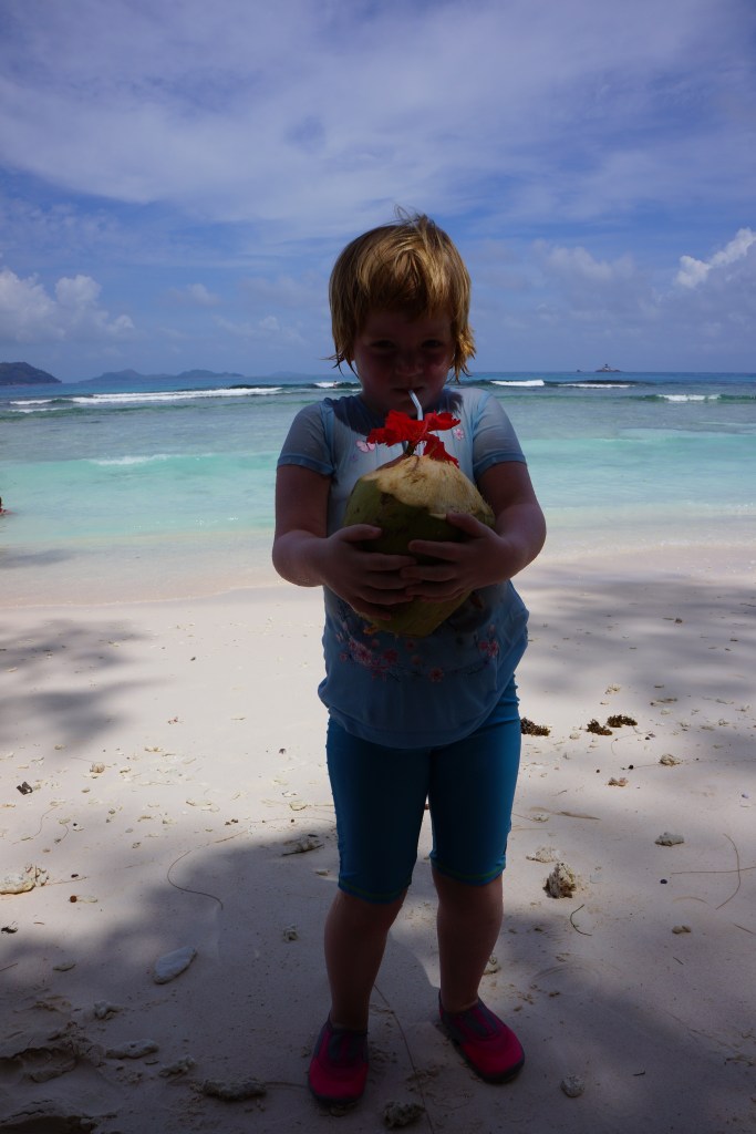 Nyter en kokosnøtt på stranden Anse Severe.